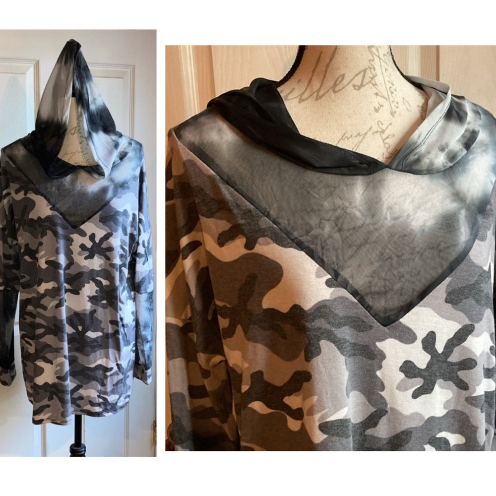 Camo Print Mesh Detail Hooded Long Sleeve Casual Top by Blumin sz 1XL